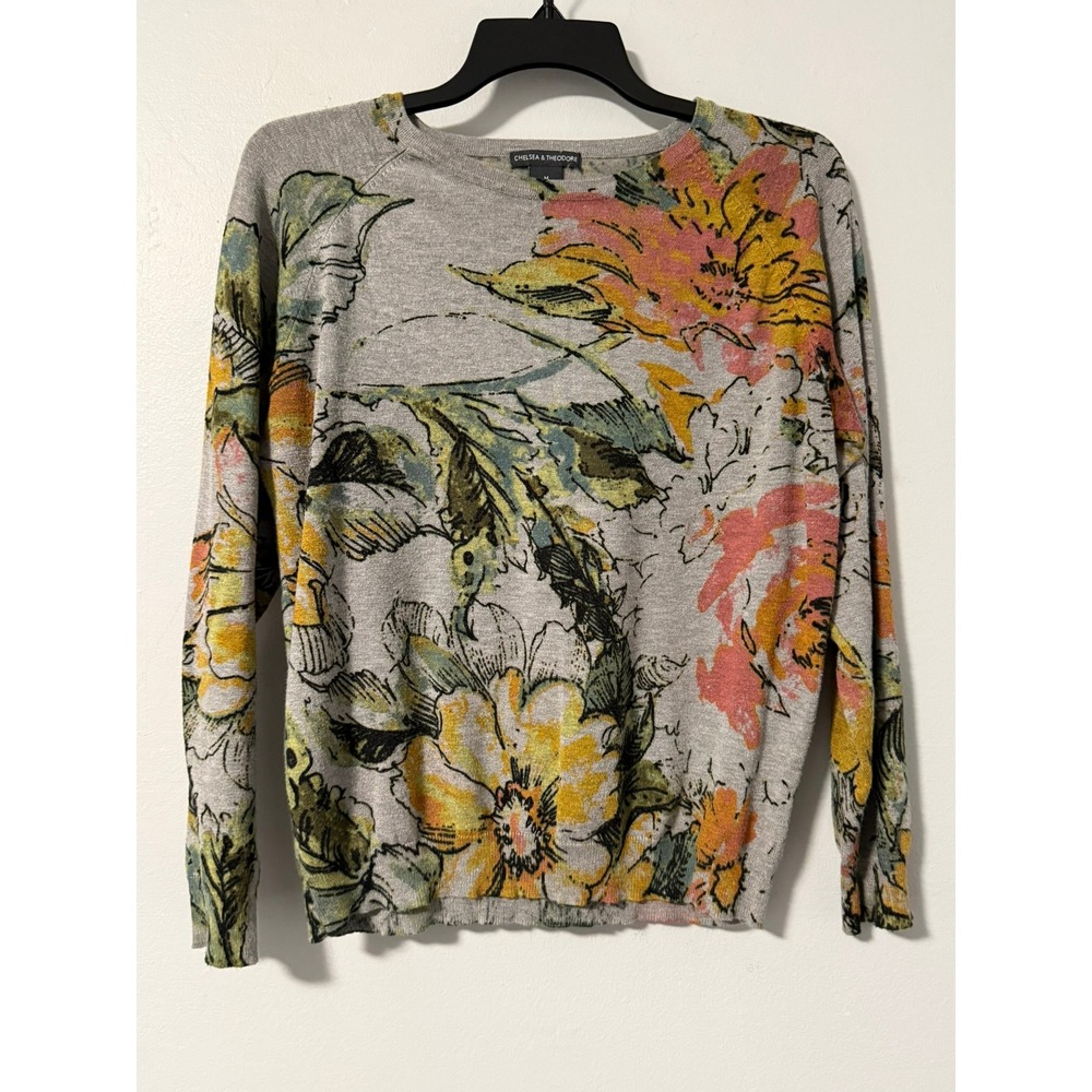 Chelsea & Theodore Womens Grey Floral Crew Neck Knit Sweater Medium Long Sleeve